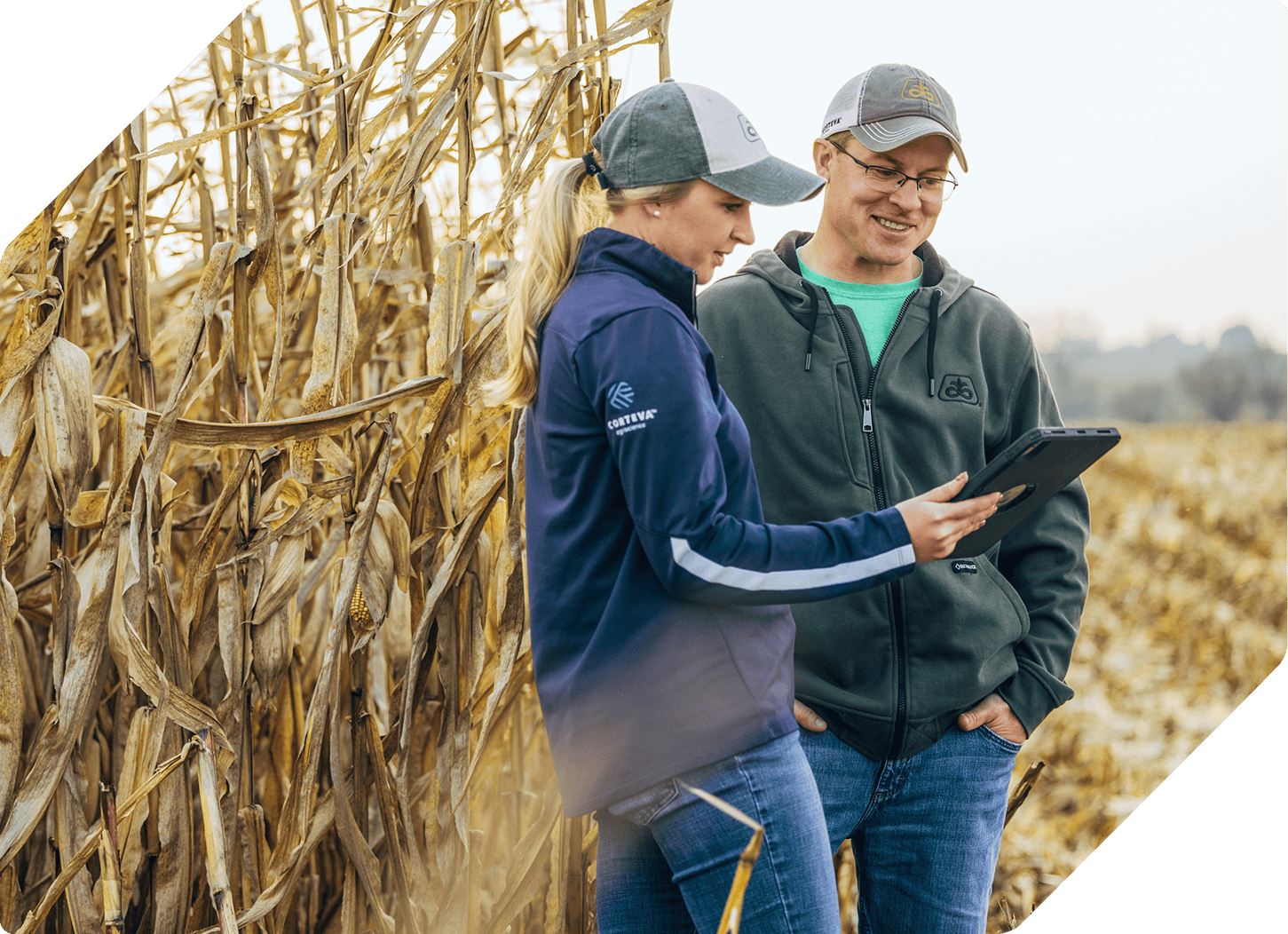 Two farmers standing in a cornfield reviewing data on a tablet during a field inspection.