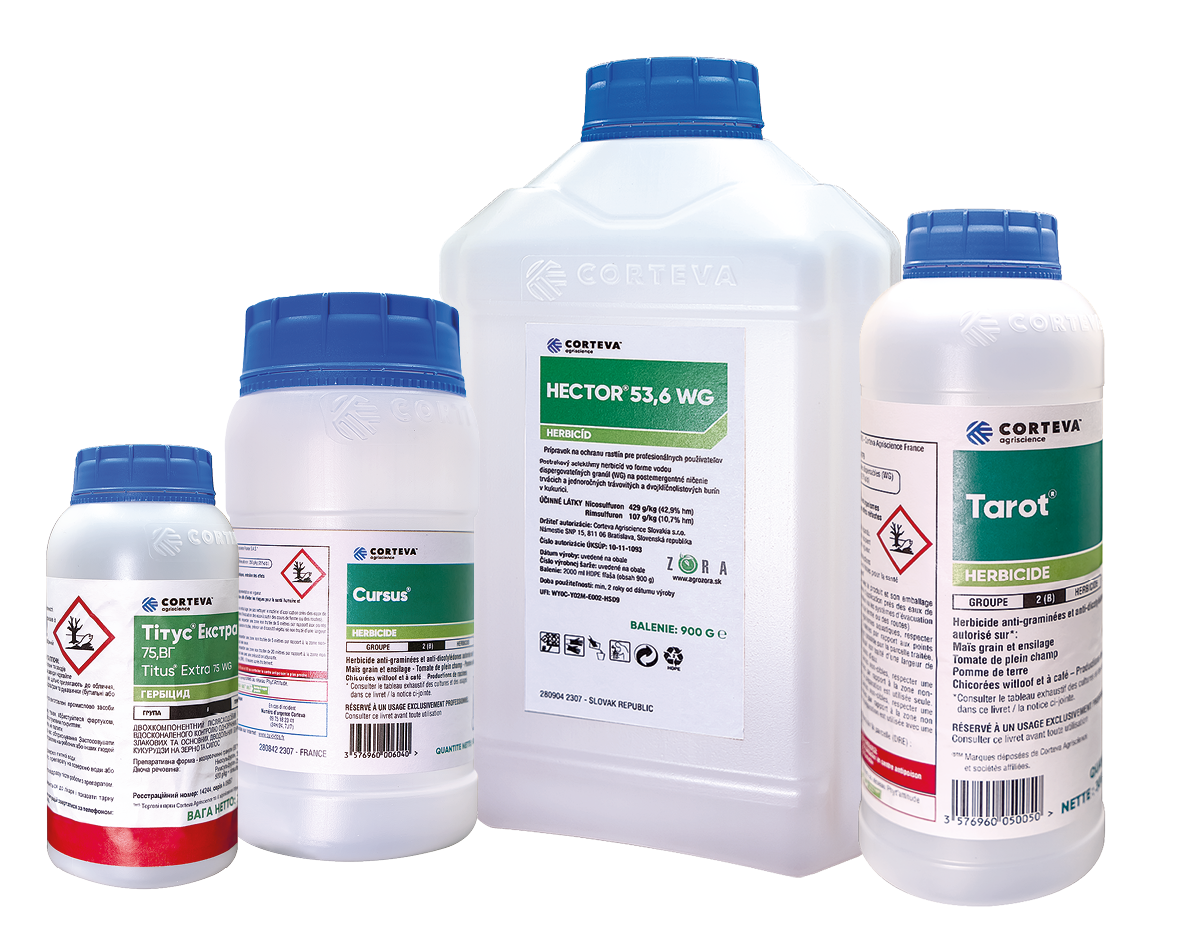 Various Corteva Agriscience herbicide products displayed against a blue background, including bottles labeled Hector 53.6 WG, Tarot, Cursus, and Titus Extra 75 WG.