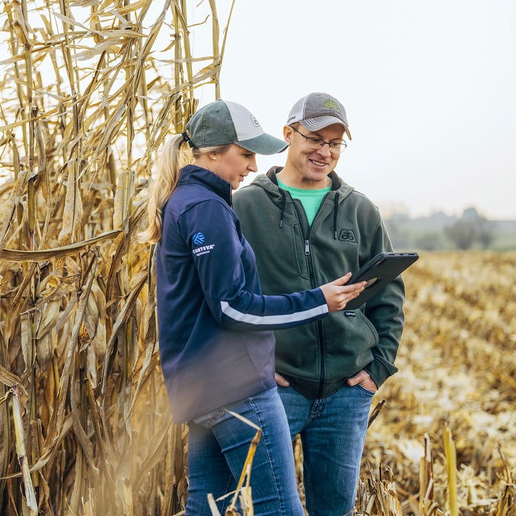 A woman in a navy jacket and a man in a green hoodie, both wearing baseball caps, stand in a field of dry corn while reviewing information on a tablet.