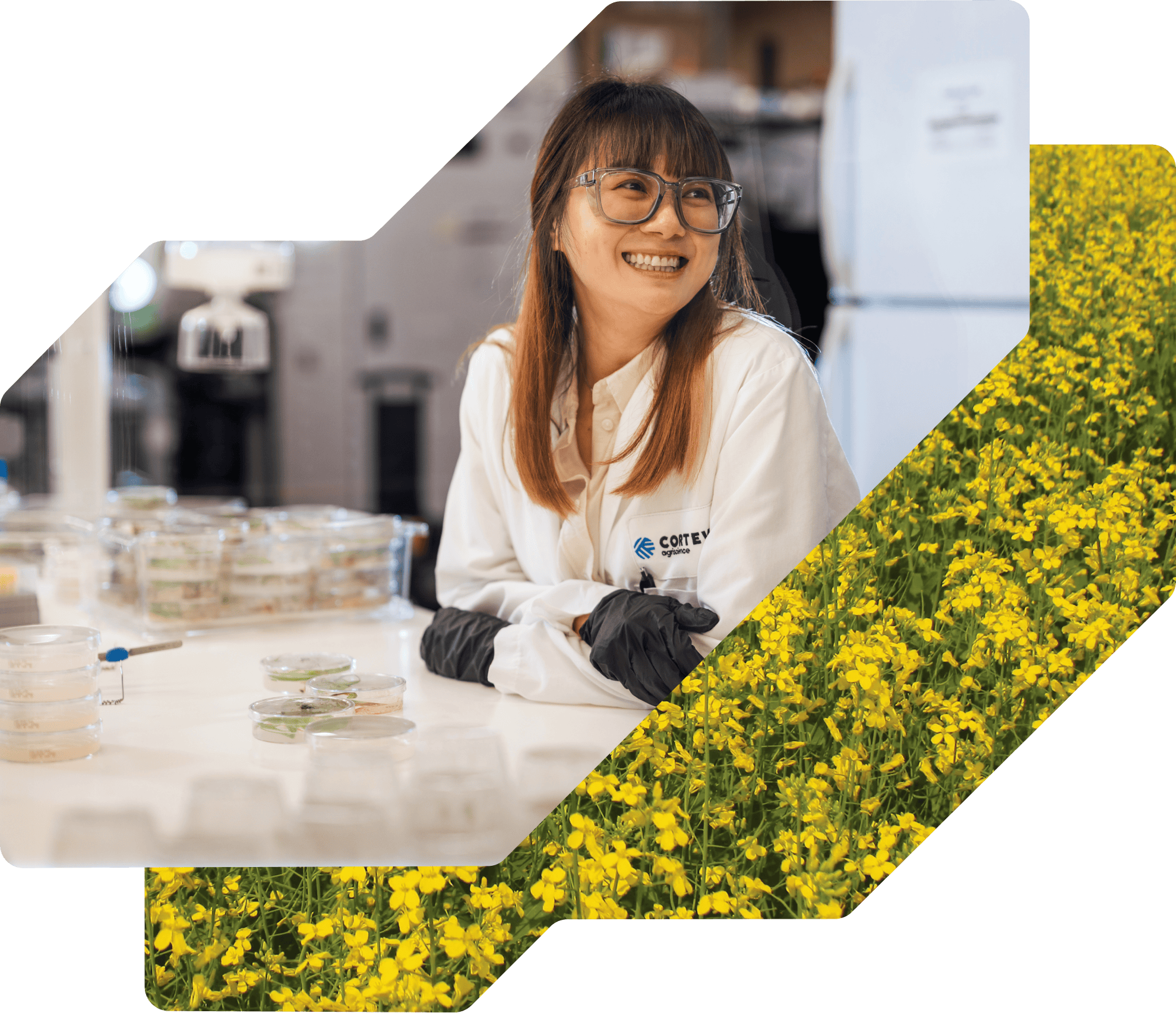 A smiling female scientist in a white lab coat and glasses stands in a lab with Petri dishes.