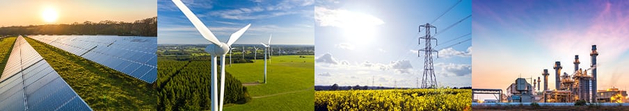 A four-part collage showcasing energy infrastructure: solar panels at sunset, wind turbines in a green field, high-voltage power lines over crops, and an industrial power plant at dusk.